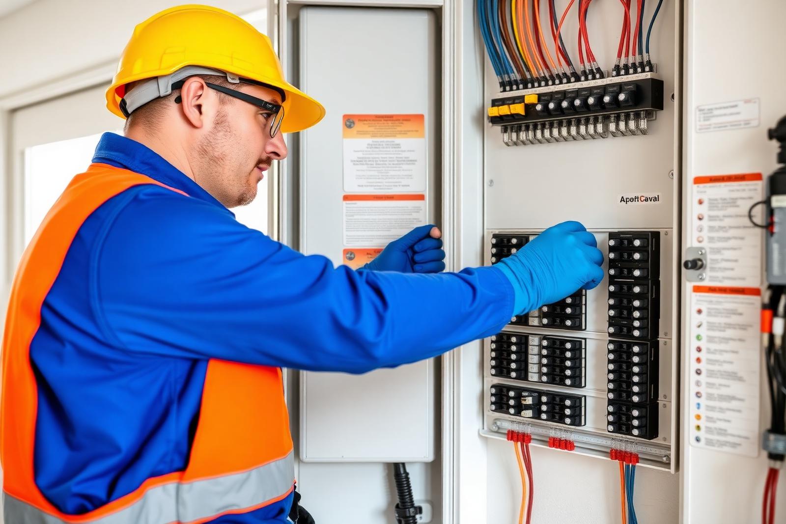 Électricien certifié travaillant sur un tableau électrique en Gironde